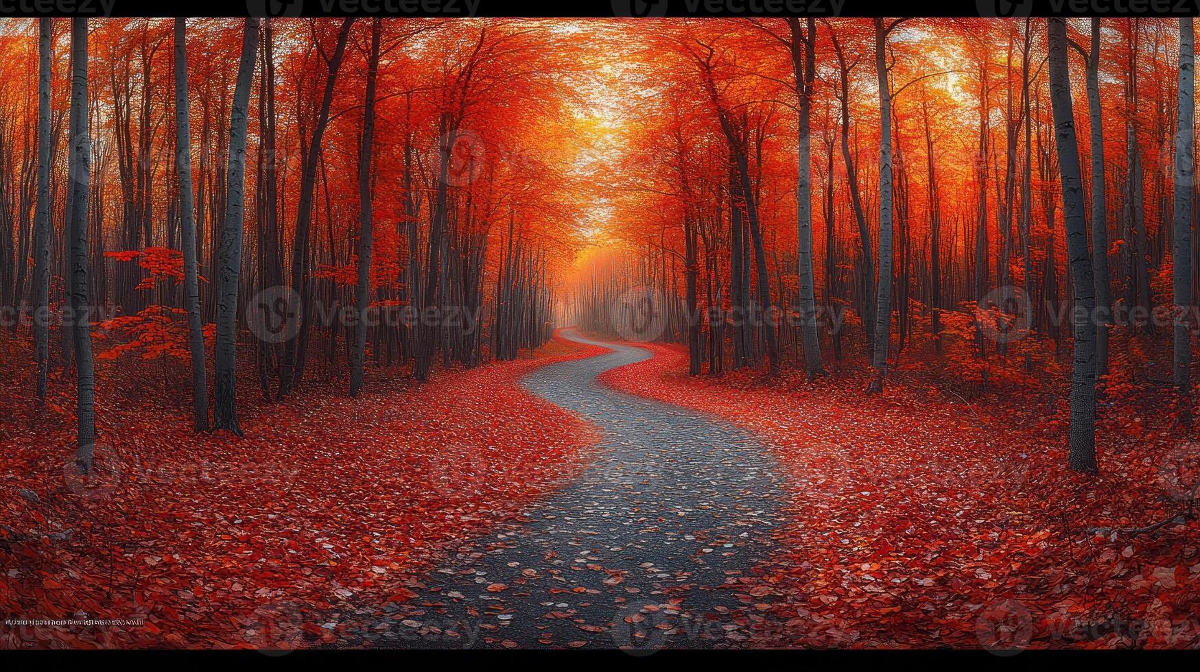 A path through the woods with red leaves photo
