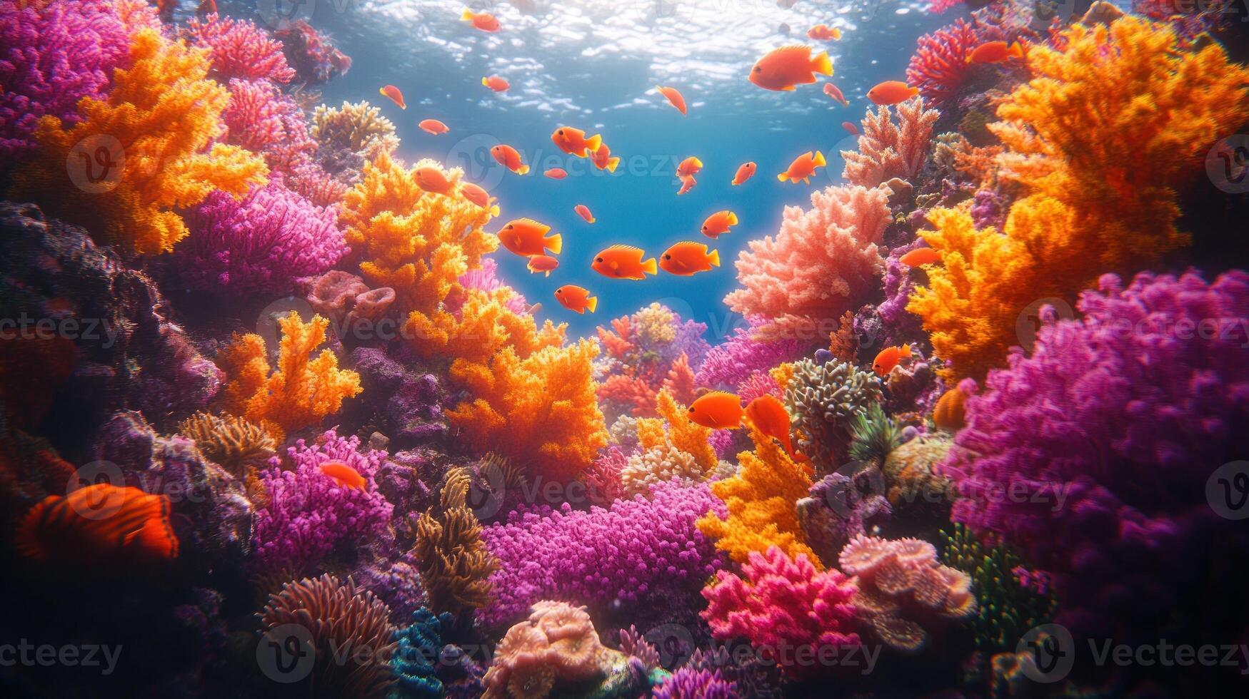 An underwater scene with colorful coral and fish photo