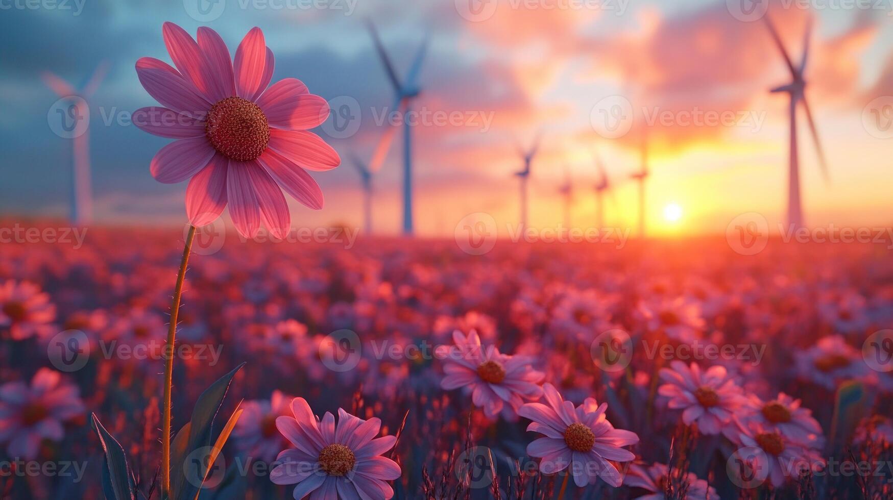 A field of flowers with wind turbines in the background photo