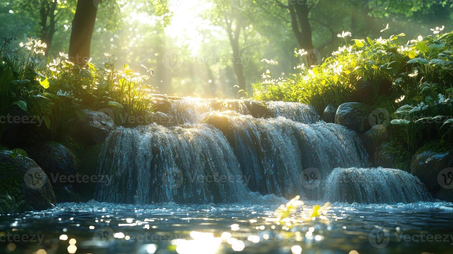 Waterfall in the forest with sun shining through photo