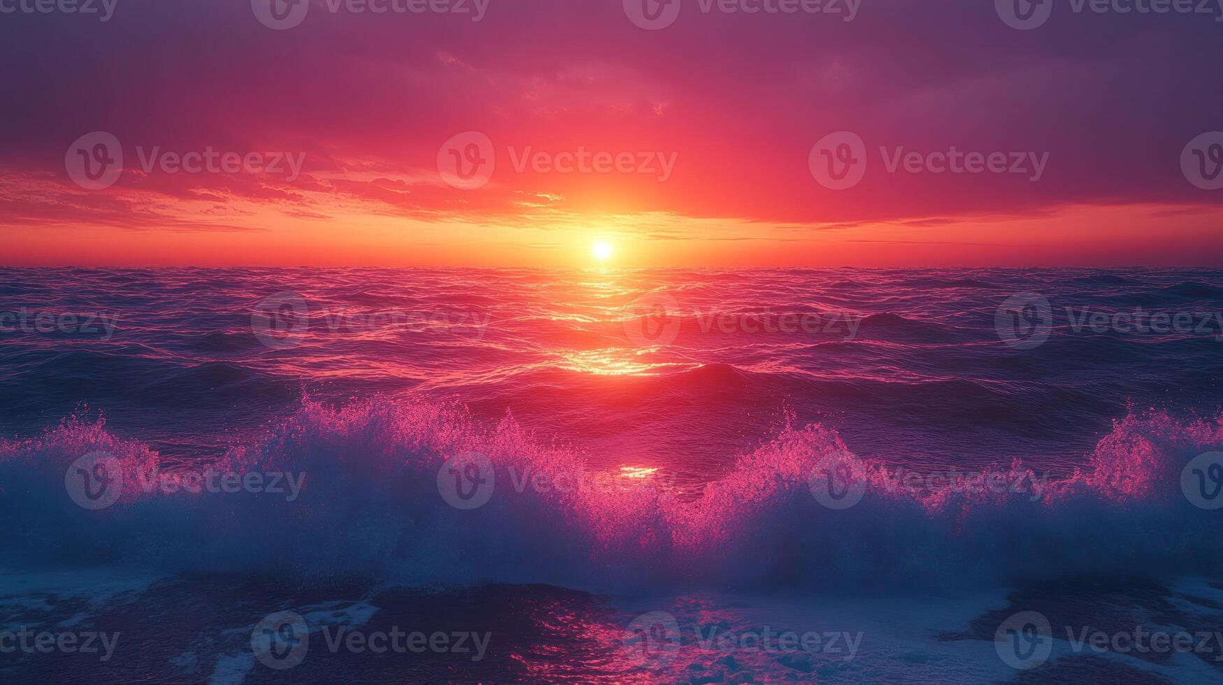 A sunset over the ocean with waves crashing into the shore photo