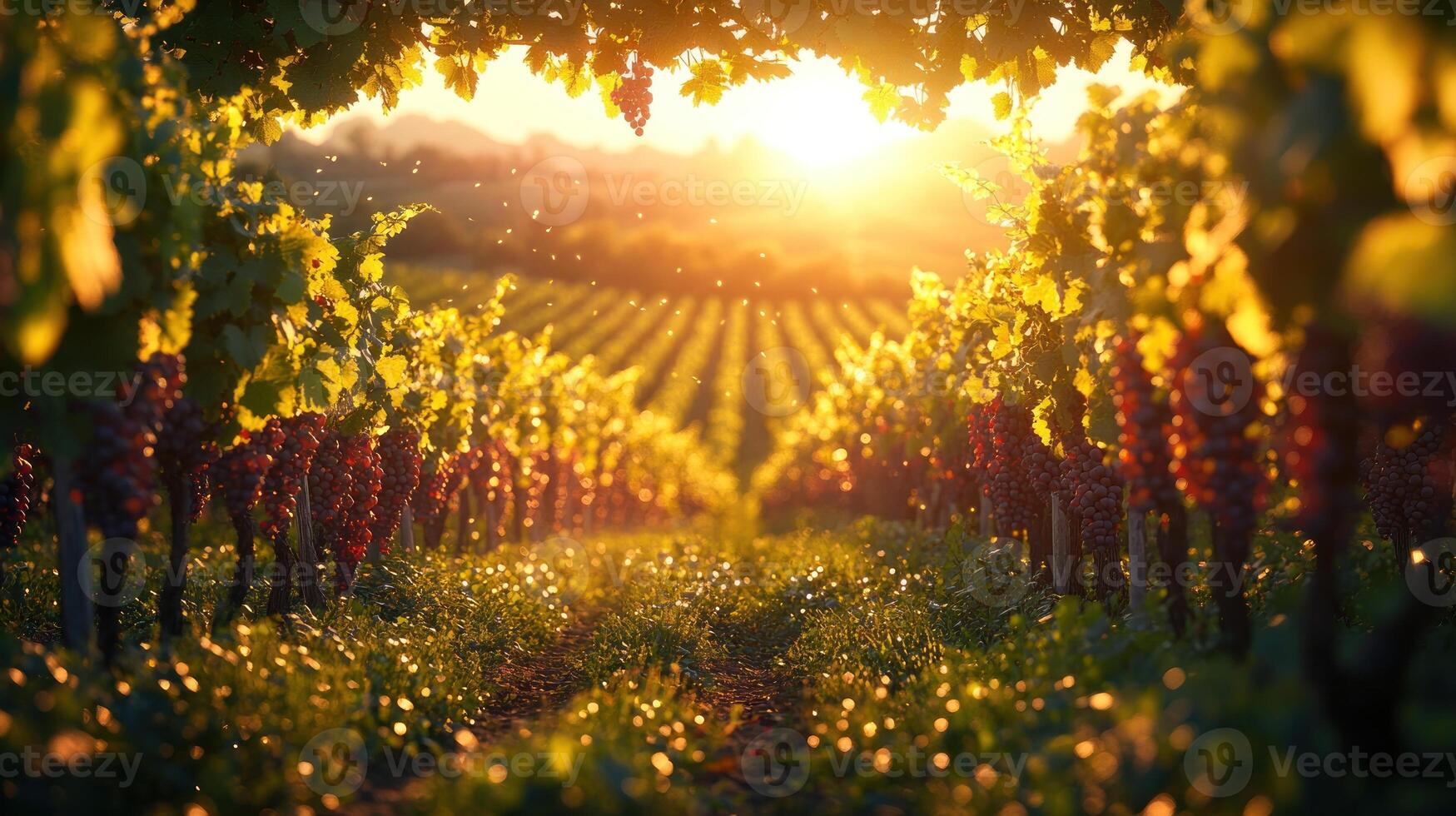 A vineyard with sun shining through the trees photo