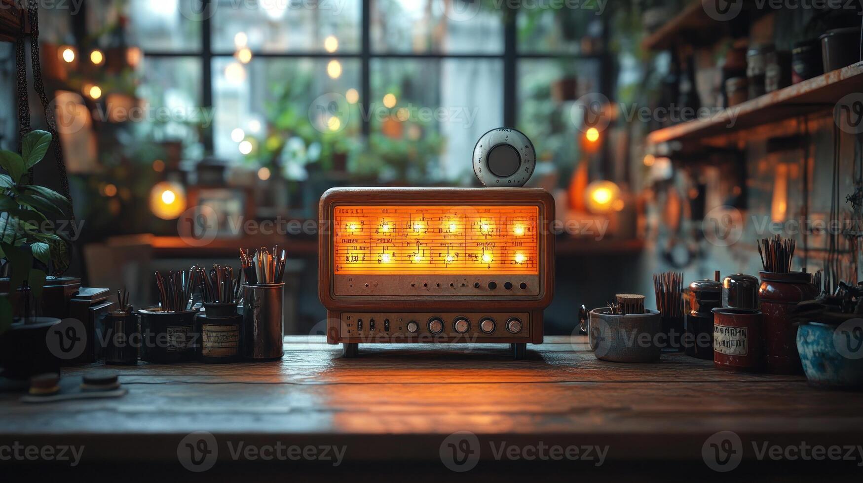 A vintage radio sits on a table in a room photo
