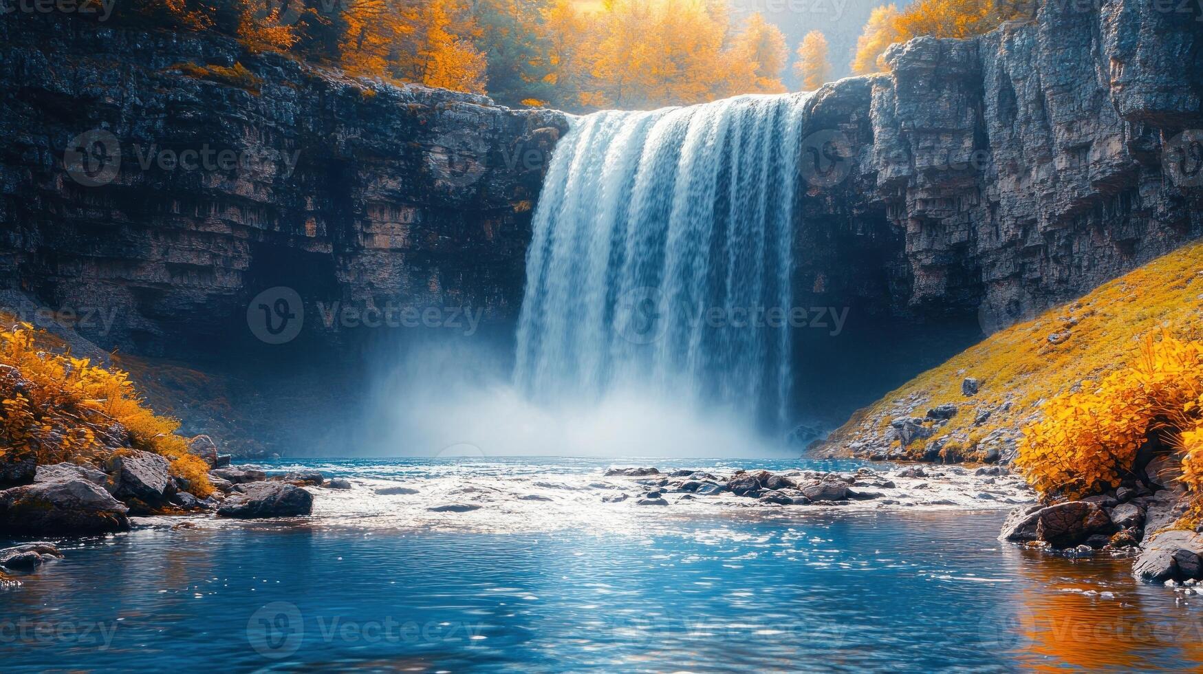 A waterfall in the middle of a forest with autumn leaves photo