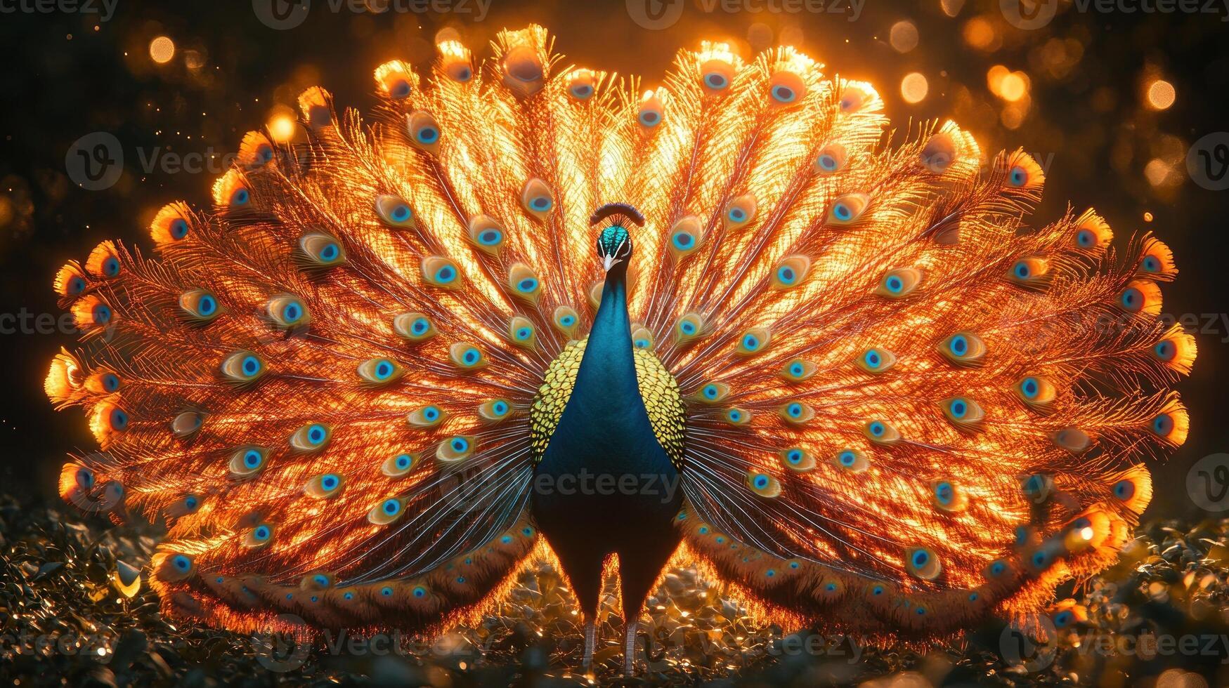 A peacock is standing in the grass with its feathers spread out photo