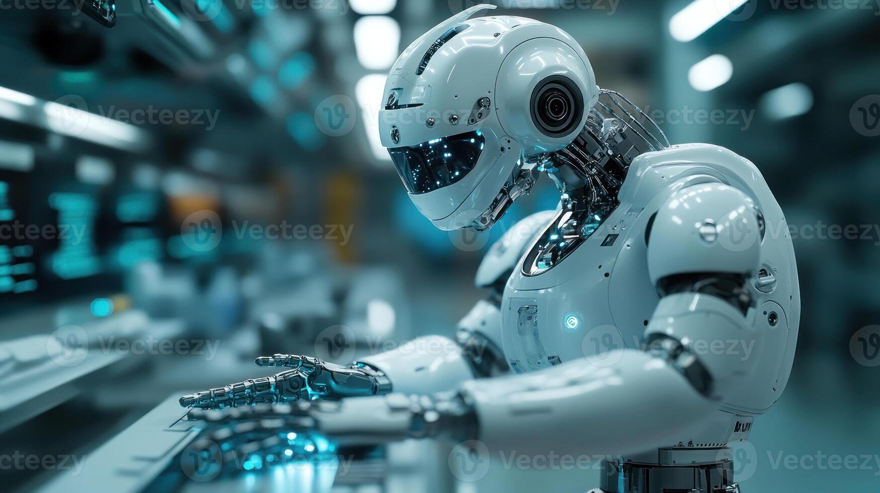 A robot is working on a computer in a factory photo