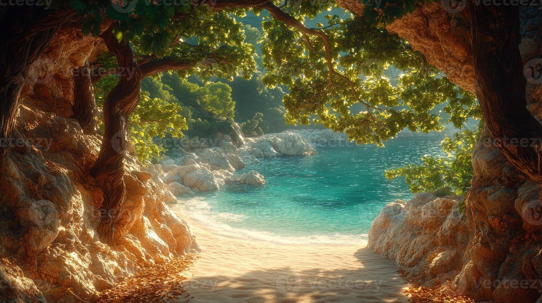 A beach with trees and a path leading to the ocean photo