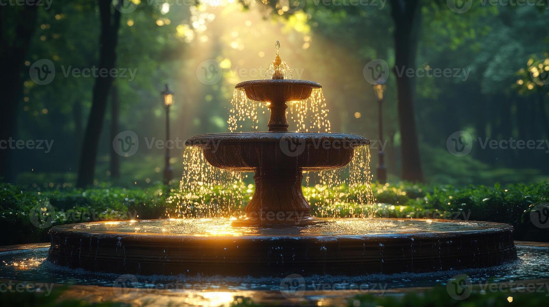 A fountain in the middle of a park with sunlight shining through the trees photo