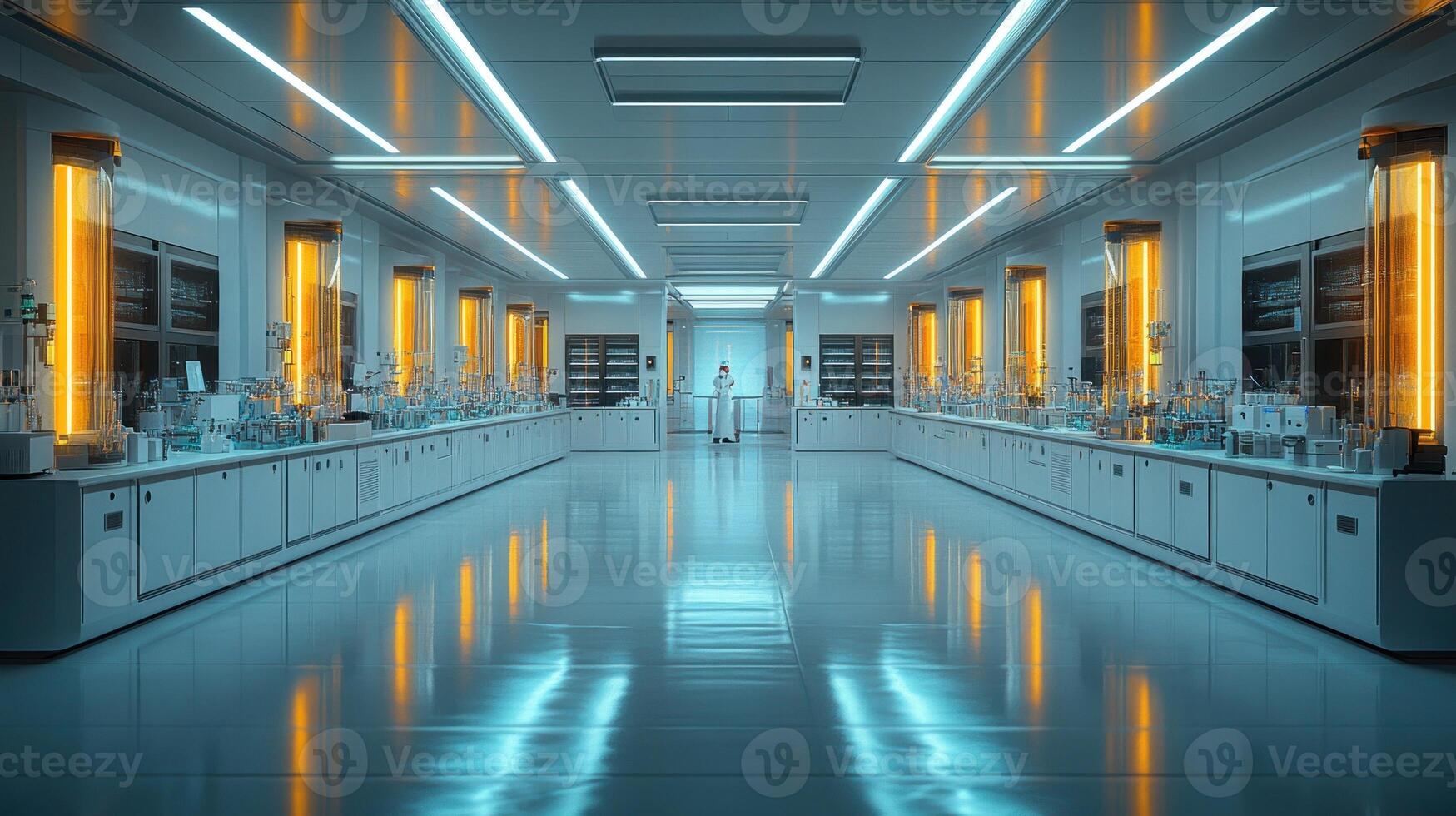 A long hallway with lots of lights and lots of chemicals photo
