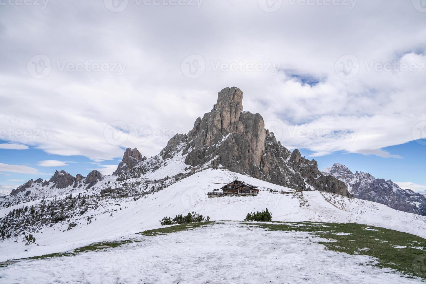 View of Ra Gusela peak in Passo Giau alpine Dolomites, Italy. photo