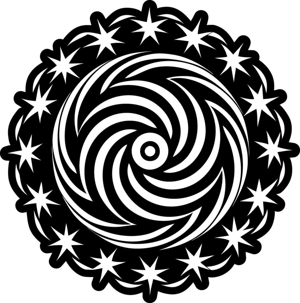 A black and white circular design with stars vector