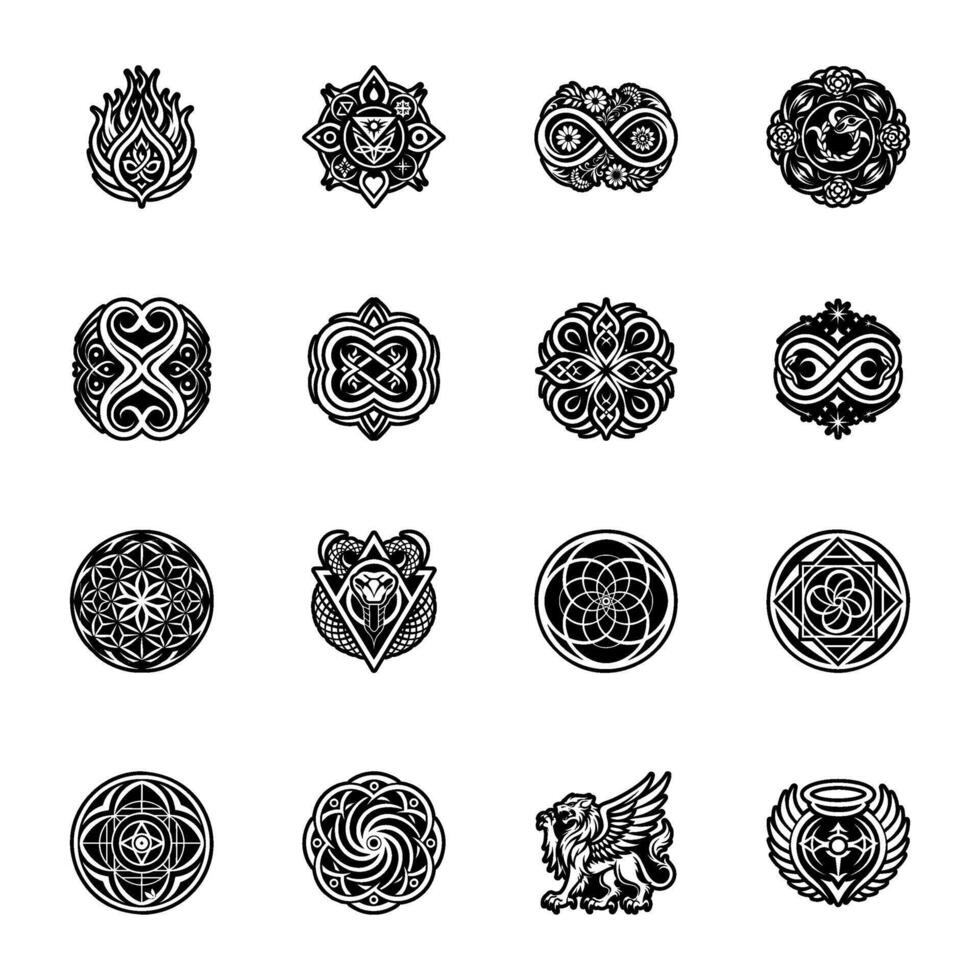 Set of 16 Endless and Spiritual Symbols Glyph Icons vector