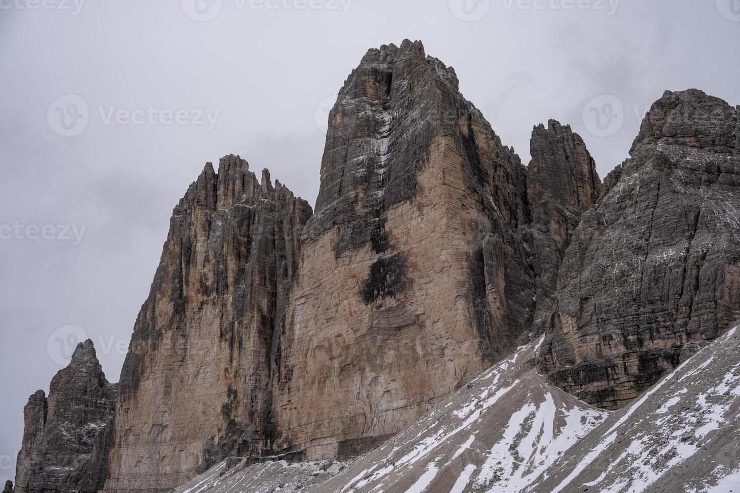 Landscape of Alps Mountains. Tre Cime di Lavaredo in winter. Dolomites, Italy. photo