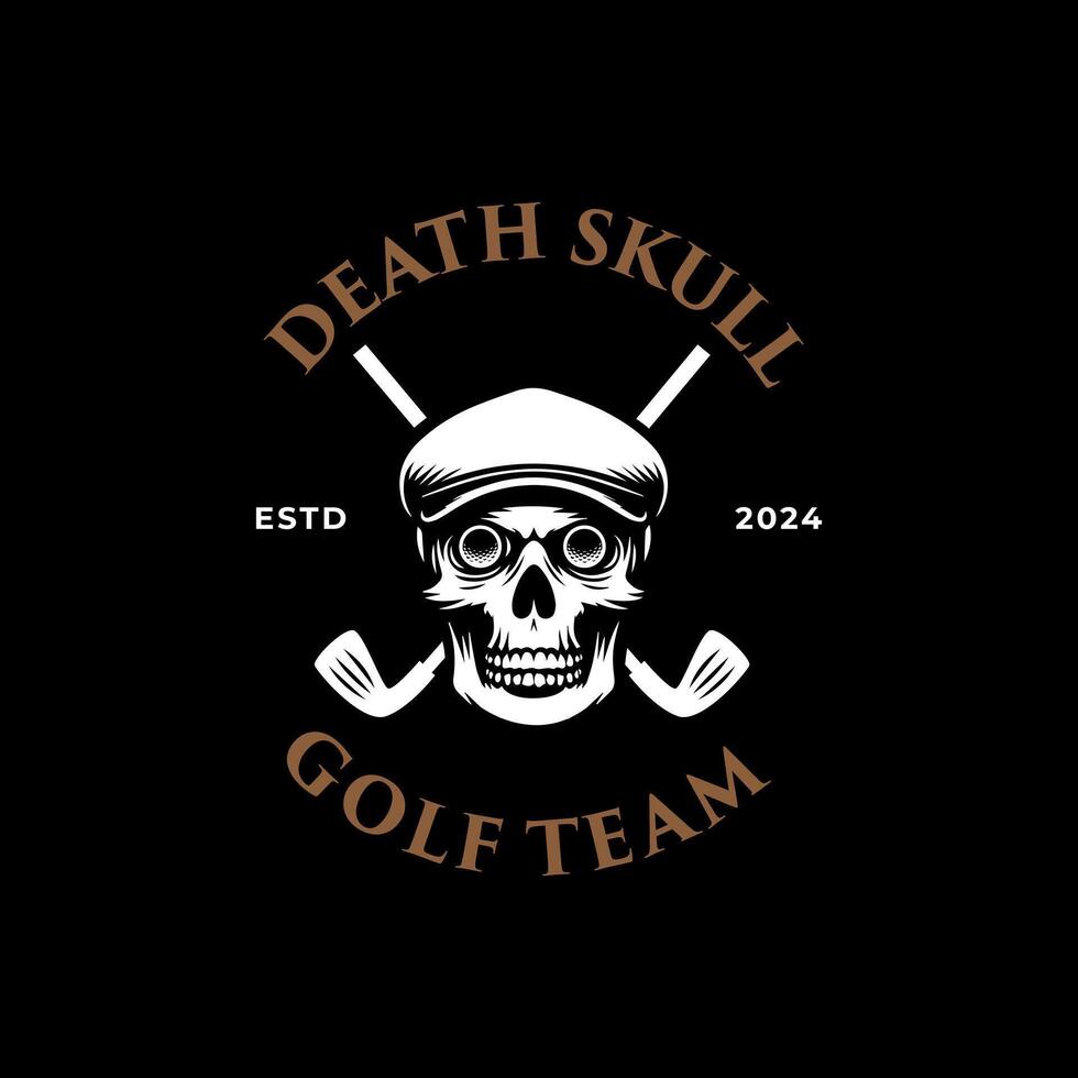 skull wearing a golf cap, flanked by crossed golf clubs logo design vector