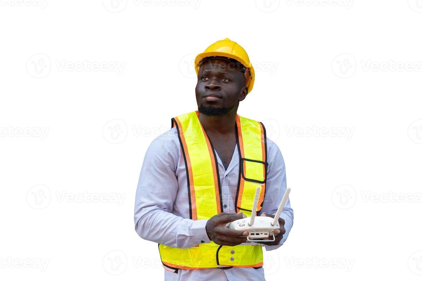 African black engineer staff worker standing working with drone remote control isolated on white background photo
