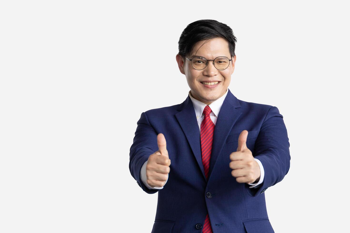 Businessman hand two thumbs up isolated on white. Smart male in business suit expression like glad thumb up happy smiling. photo