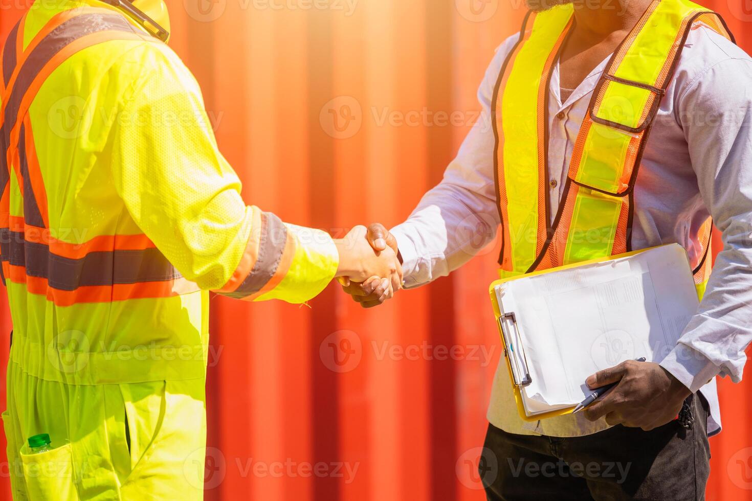 Worker hand shaking together. Engineer team join deal projects cooperated handshake in logistics industry photo