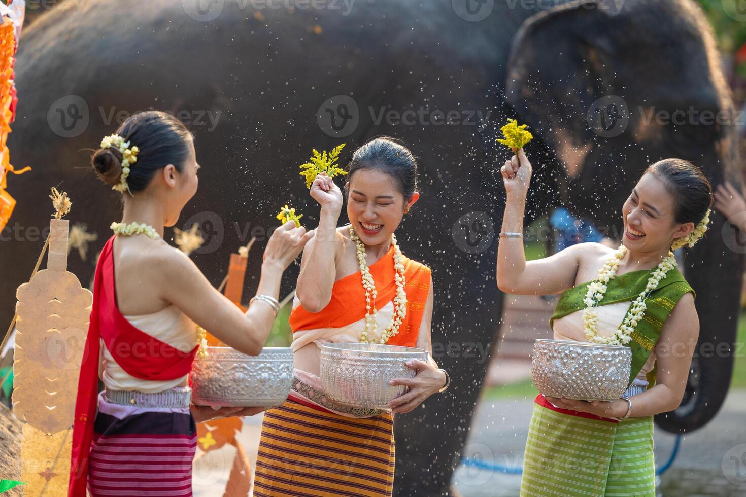 Songkran festival. Northern Thai people in Traditional clothes dressing splashing water together in Songkran day cultural festival with elephant background. photo