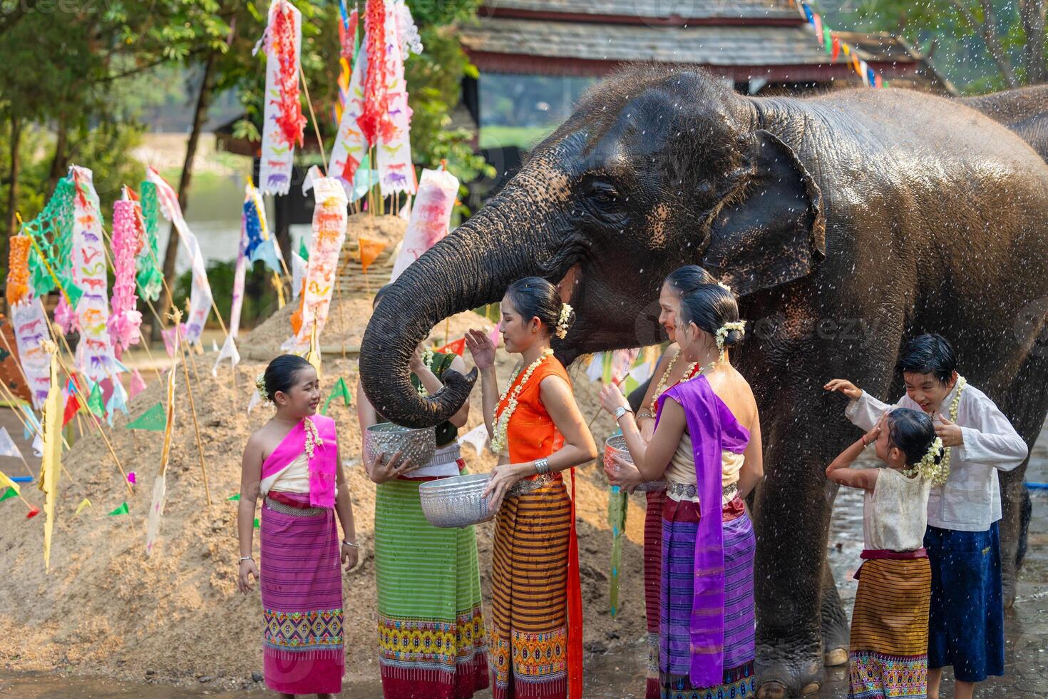 Songkran festival. Northern Thai people in Traditional clothes dressing splashing water together in Songkran day cultural festival with elephant background. photo