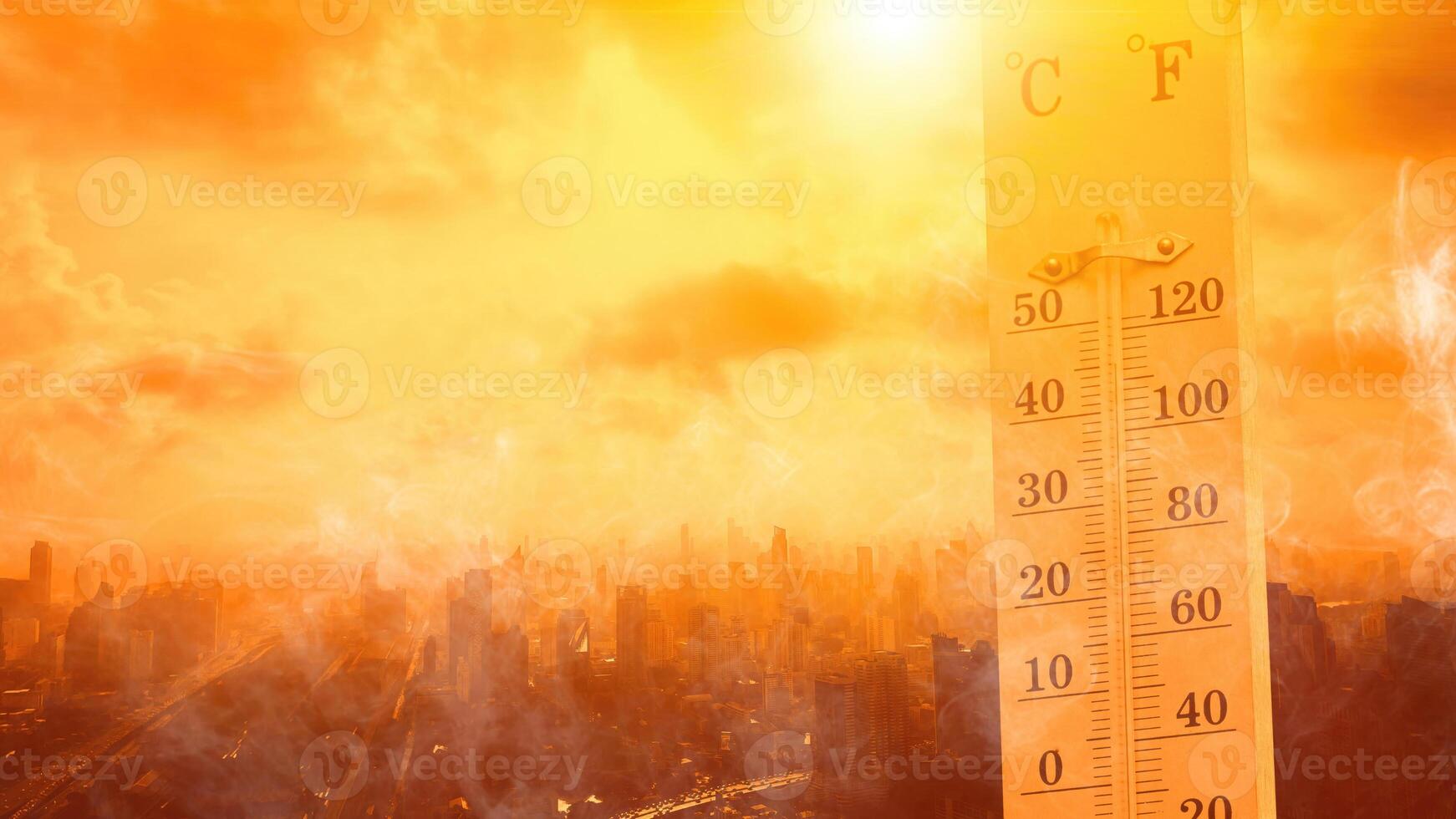 city hot temperature ,Thermometer on yellow sky with sun shining in summer show higher Weather, concept global warming photo
