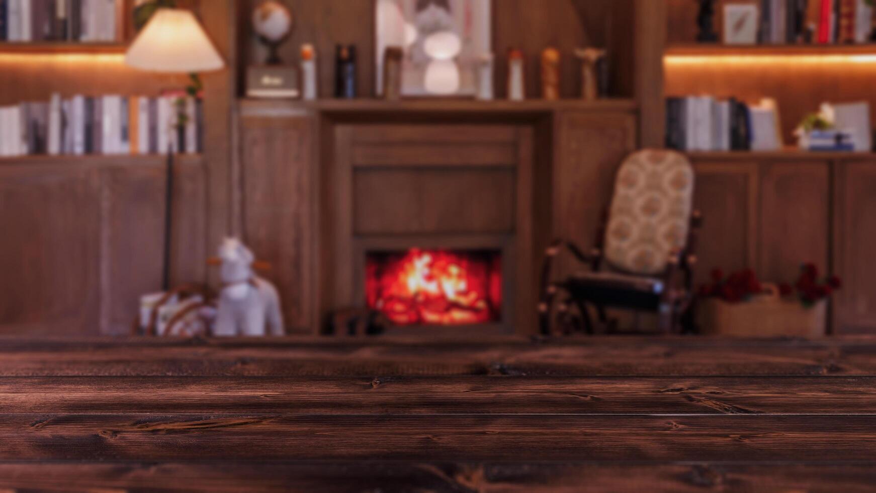 blur luxury wooden home fireplace rocking chair with book shelf with wooden floor for advertising montage background photo
