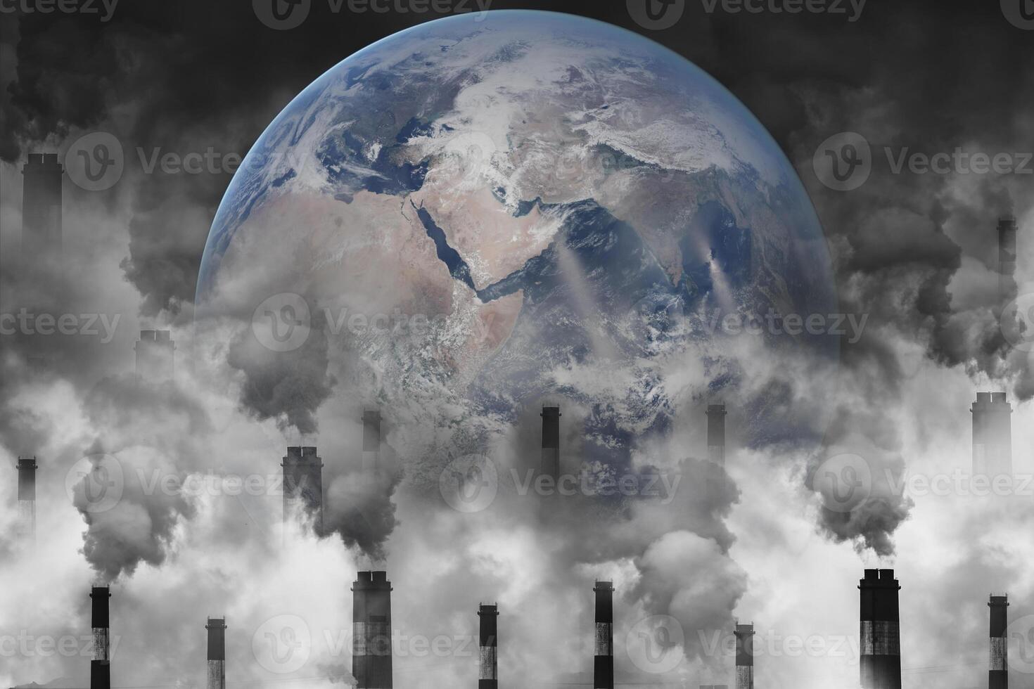 Earth with Air pollution crisis toxic sulfur smoke from coal power plant industrial carbon emit concept. Elements of this image furnished by NASA photo