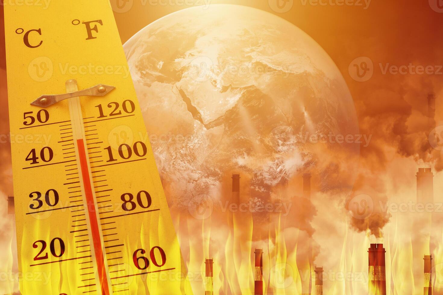 city hot temperature ,Thermometer on yellow sky with sun shining in summer show higher Weather, concept global warming, Element from NASA photo