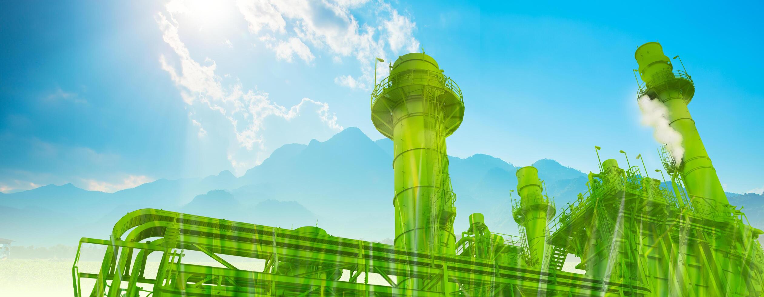 Green industry save environment low pollution concept. low carbon footprint creating carbon credit. power plant overlay green nature leaves. photo