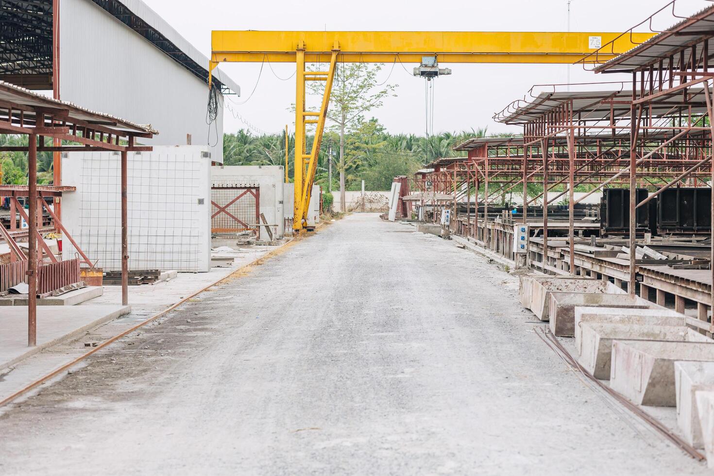 Precast concrete casting manufacturing plant, Cement products large construction site yard business industry. photo