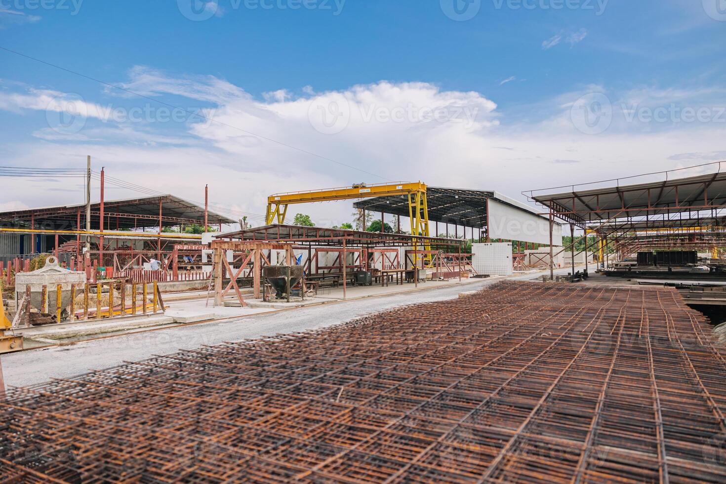Precast concrete casting manufacturing plant, Cement products large construction site yard business industry. photo