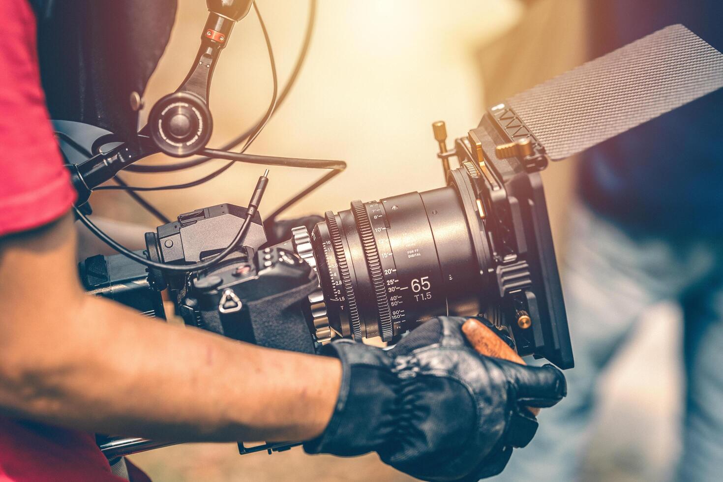 cinematography camera man behind the scene shooting movie or production and film crew team with professional cinema digital camera equipment outdoor location. photo