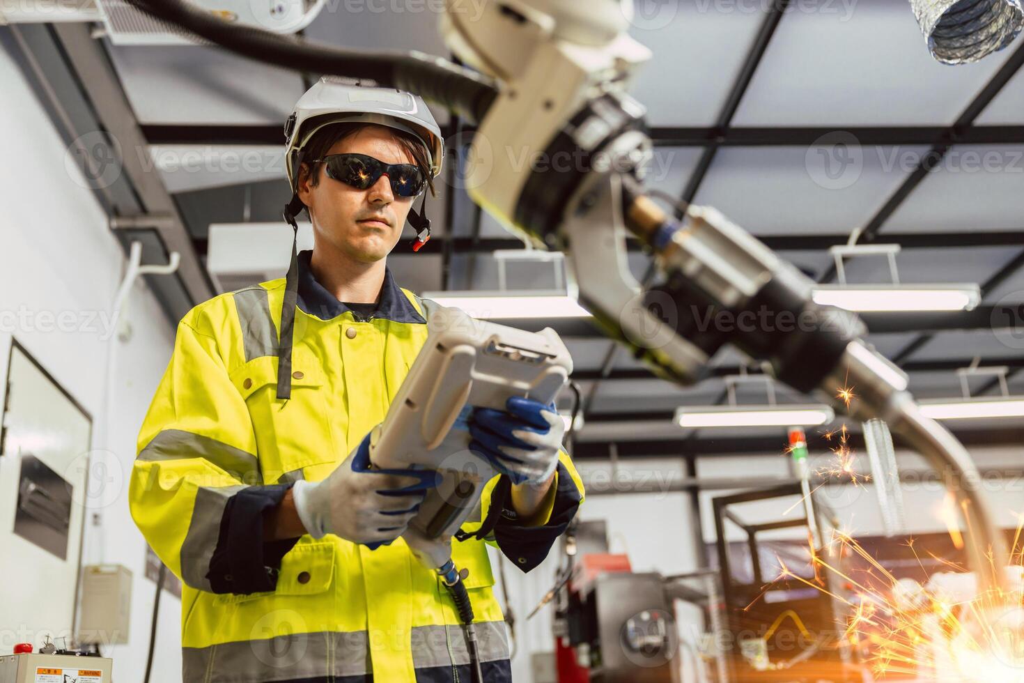 Engineer young man university student learn to control operate industry robot welding arm in robotics engineers lab classroom in polytechnic education. photo