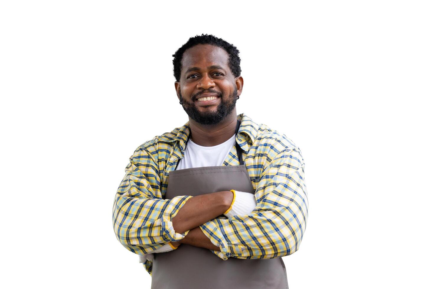 apron black african adult male workshop worker farmer people happy smiling confident arm crossing isolated on white background photo