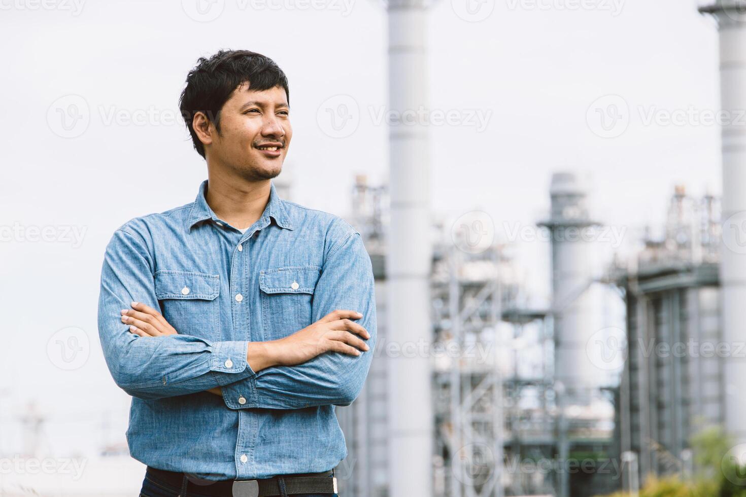 Engineer professional Asian male standing confident happy against Petroleum Refinery industry. Oil and Gas Petrochemical Power plant business leader. photo