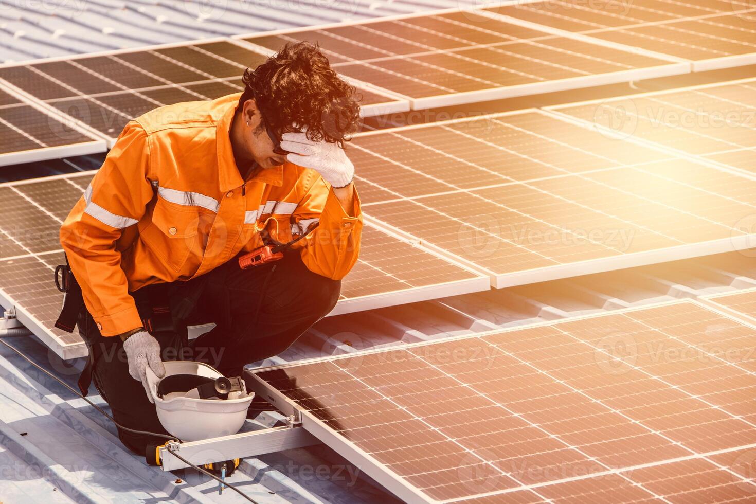 outdoor worker feel dizzy faint from hot weather, tired exhausted from overheat environment health problem dangerous at work photo