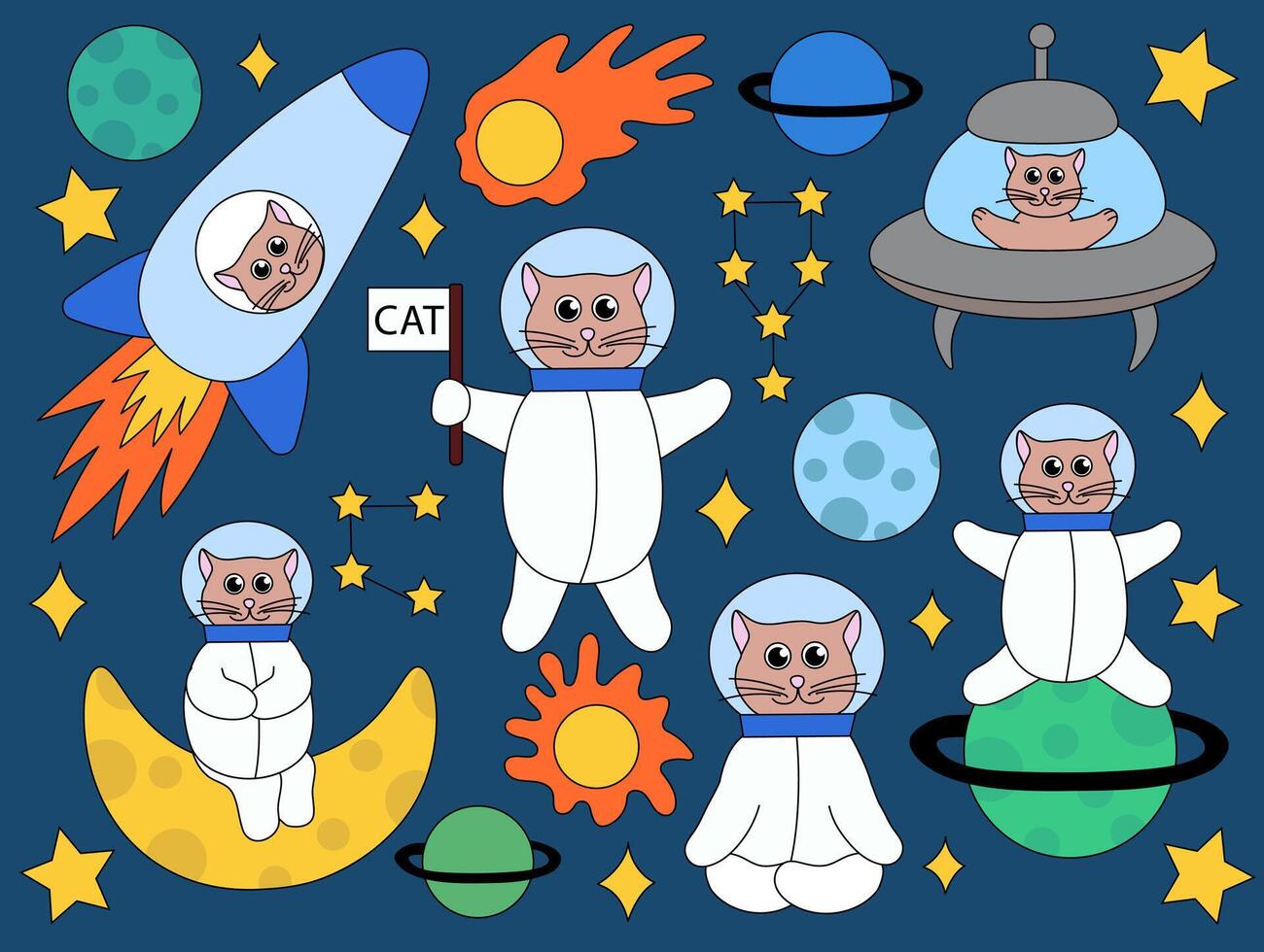 Cute cat astronaut in space with planet and moon constellation, stars, comet. Flat Illustration. vector