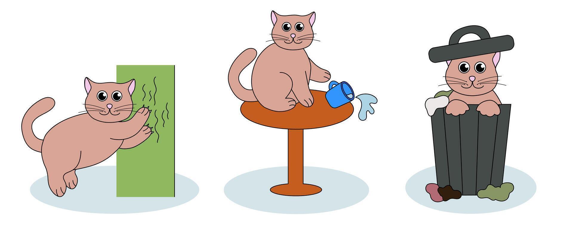 Set of problem with cat behavior. Kitten scratches, pushes cup off the table, digs in the garbage. Cute hand drawn flat illustration. vector