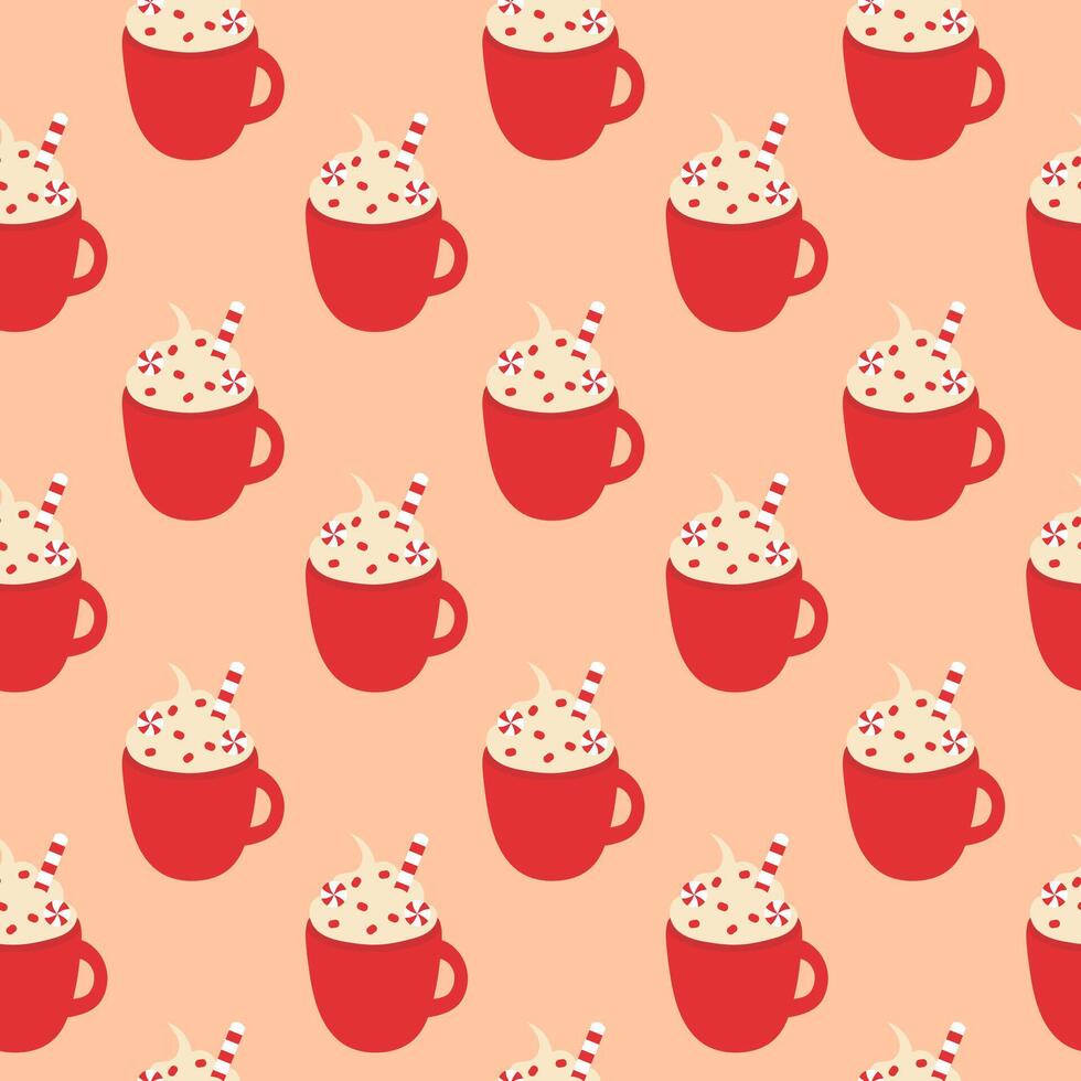 Seamless Pattern. Red Christmas cup with whipped cream, lollipops. Winter drink. flat illustration. vector