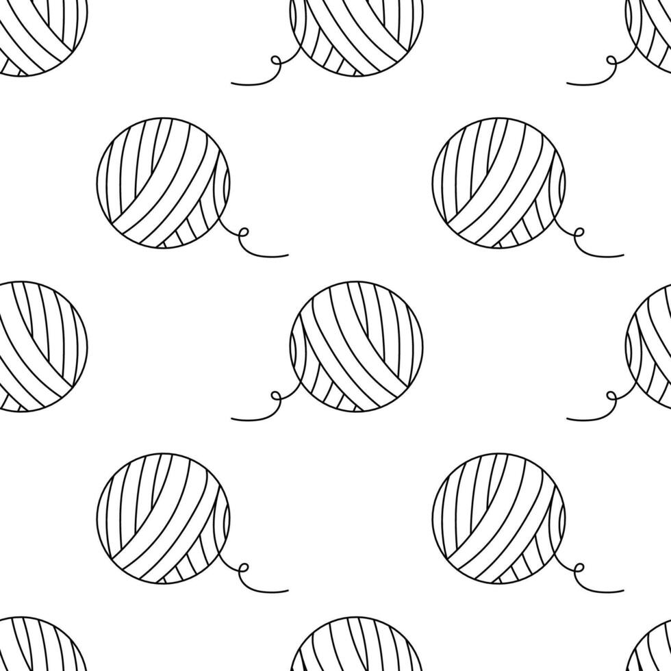 Seamless pattern with Ball of threads. Outline, Doodle, Line art. flat knitting background. vector