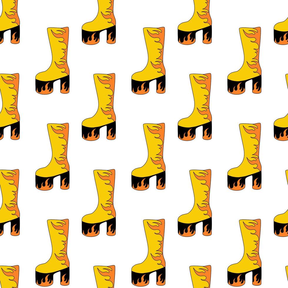 Seamless Pattern. Trendy 1980 retro yellow disco boot with flame design. Vintage shoe. flat illustration. vector
