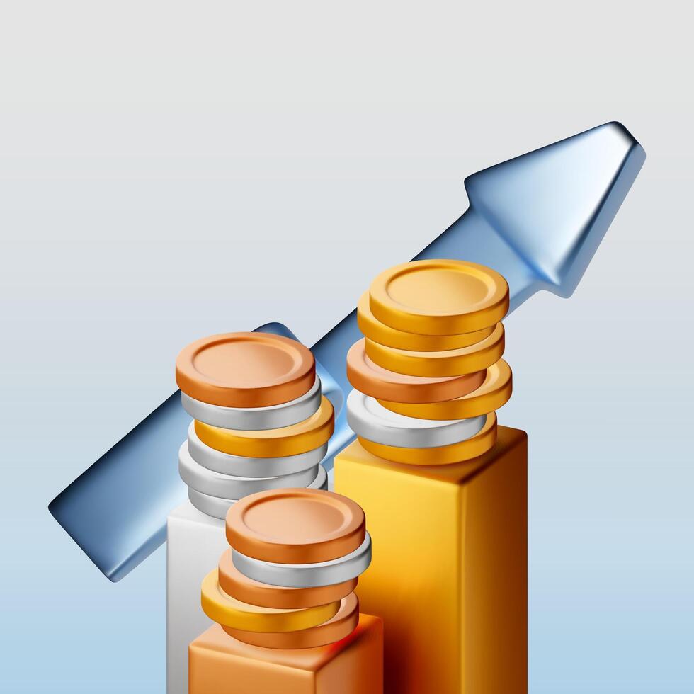 3D stack of coins on metal block podium and arrow. Pile of dollar coin stage render. Dollar money sign. Growth, income, savings, investment. vector