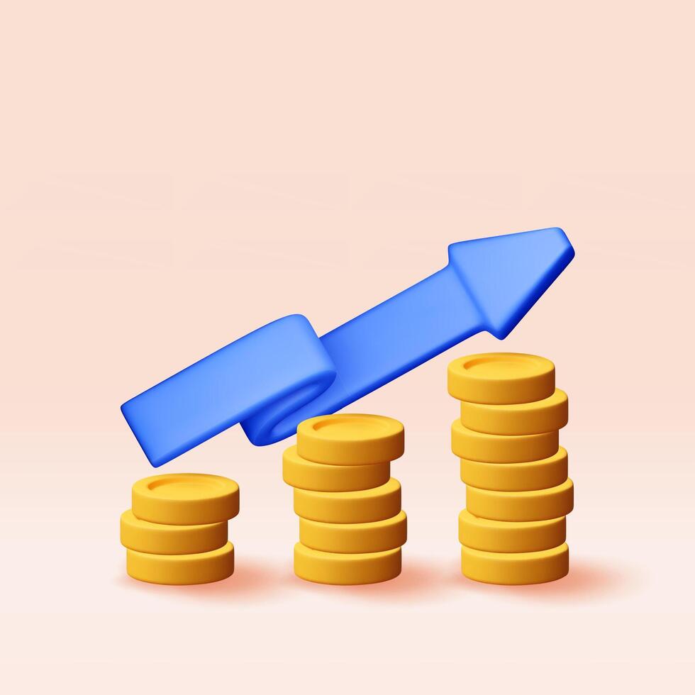 3D growth stock chart arrow with golden coins. Render stock arrow with money shows growth or success. Financial item, business investment financial market trade. vector