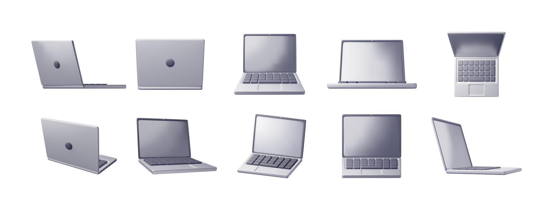 3D set of cartoon laptop computer isolated. Render collection of notebook LCD display mock up with blank screen vector