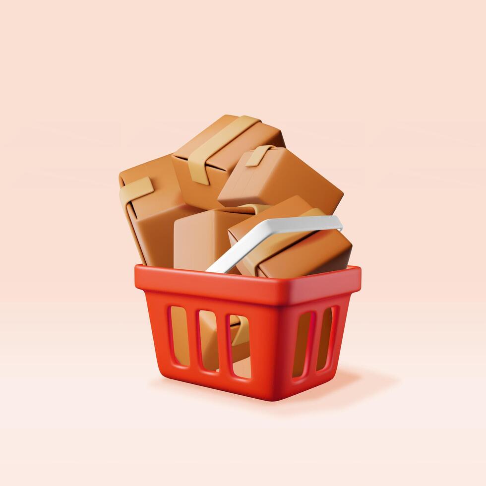 3D shopping basket full of cardboard boxes. Render plastic basket and carton packages inside vector
