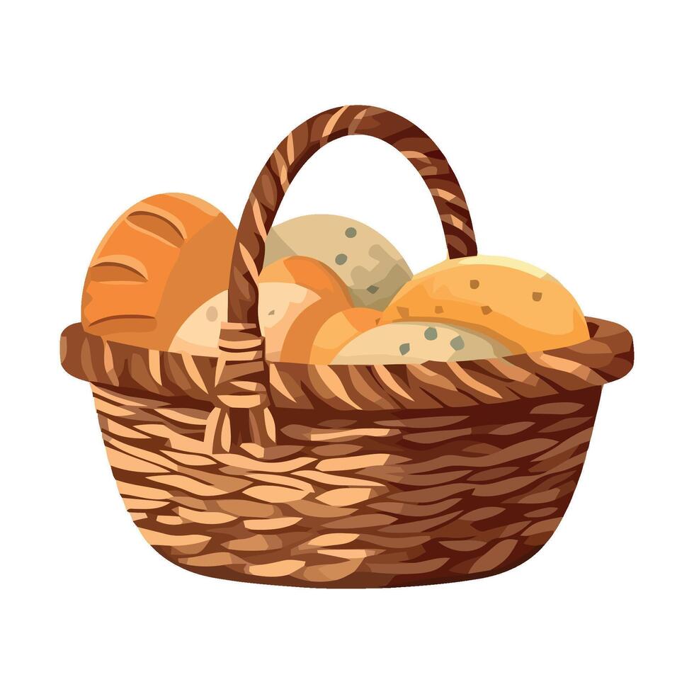 Fresh organic bread, wicker basket icon isolated vector
