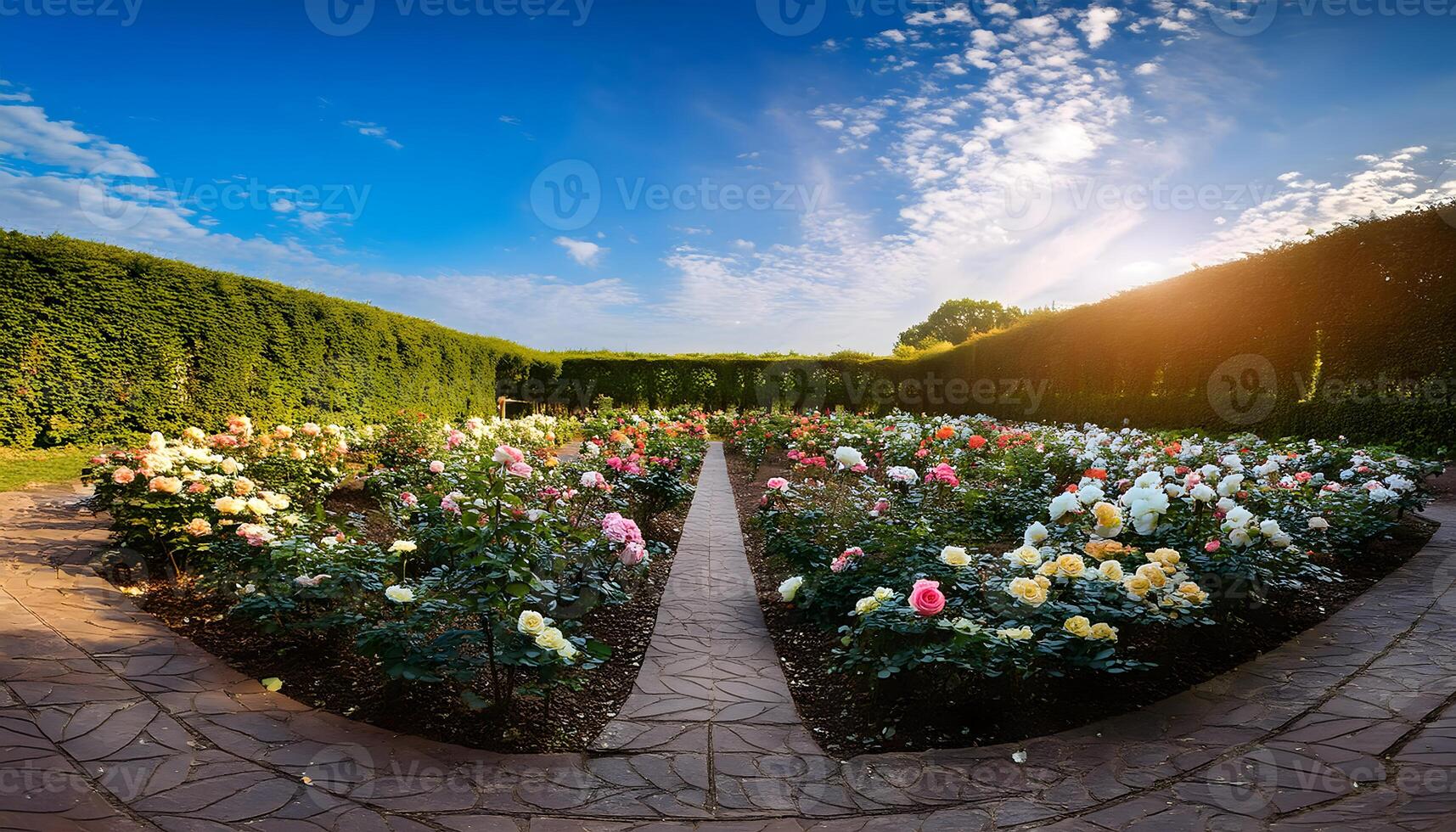 Landscape view of rose garden in bloom and European style with bright blue sky and puffy cloudss background photo