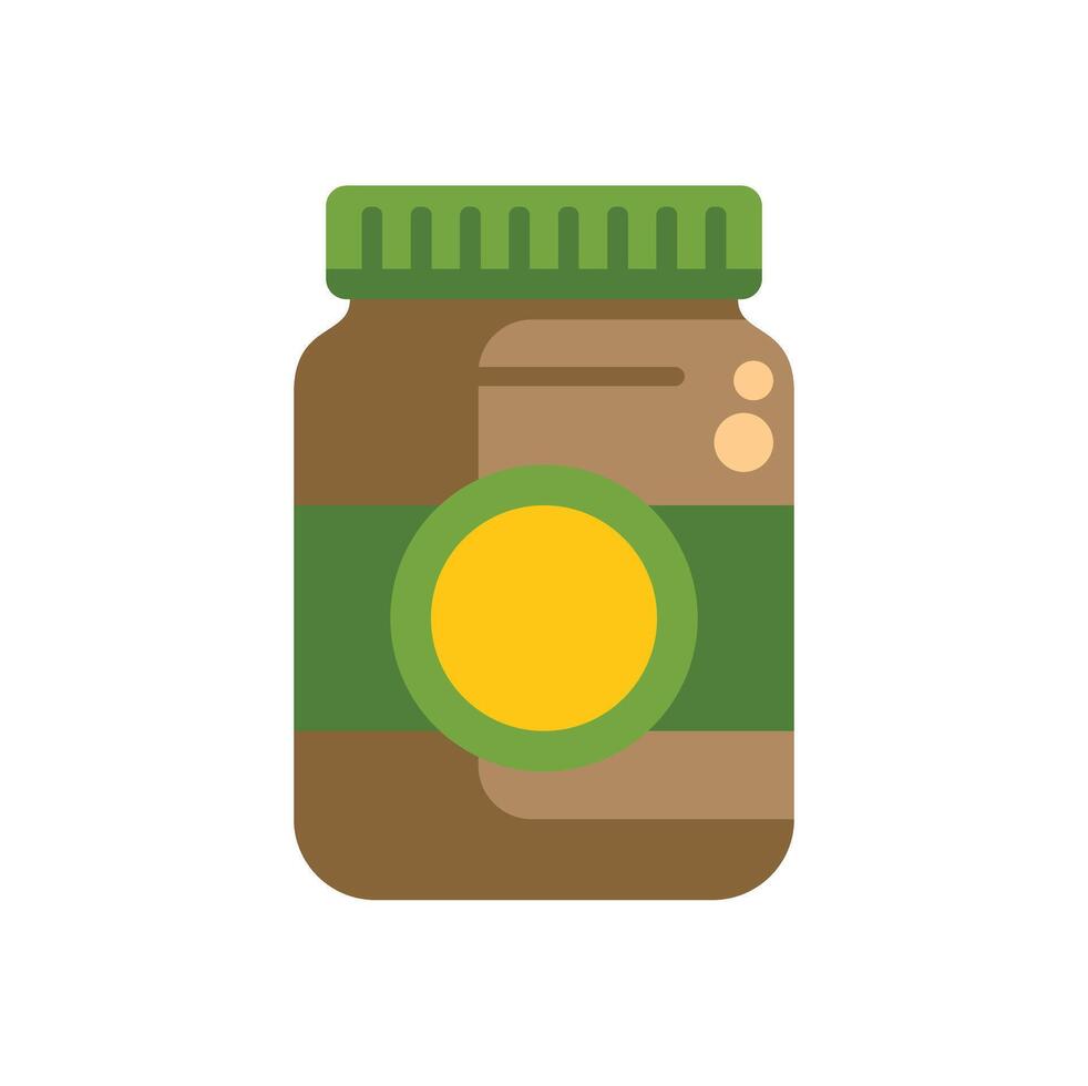 Brown glass jar with green label containing peanut butter vector