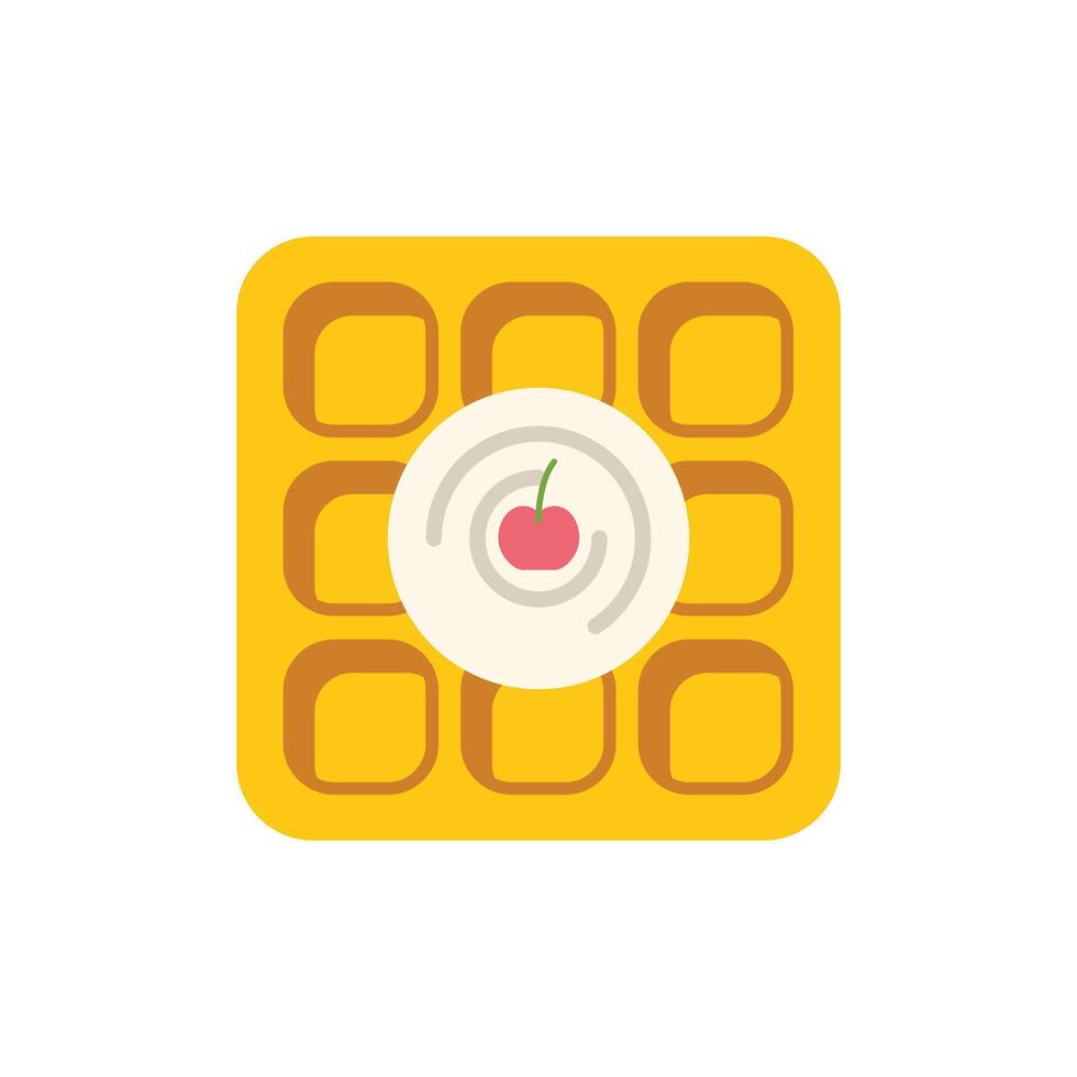 Square waffle with whipped cream and cherry being served for breakfast vector