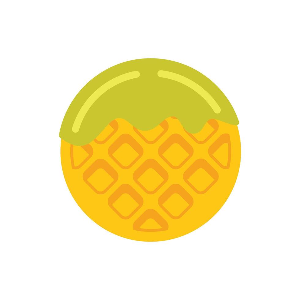 Round waffle with green pistachio glaze dripping down cartoon icon vector