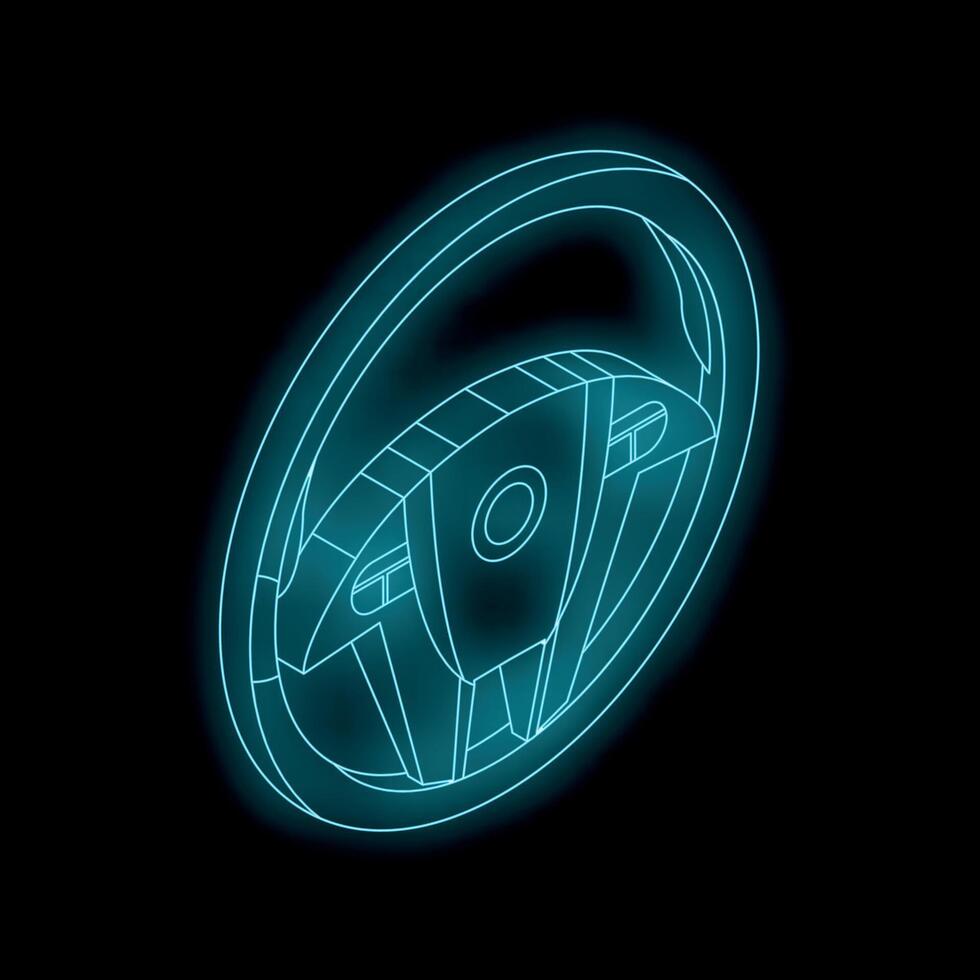 Glowing neon steering wheel on black background isometric view vector